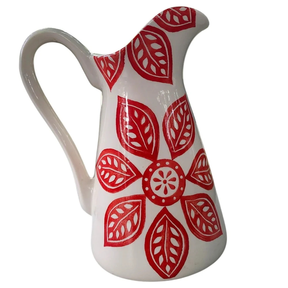 Farval Portugal Handcrafted White Ceramic 11.75” Pitcher‎ Groovy Red - Picture 5 of 5